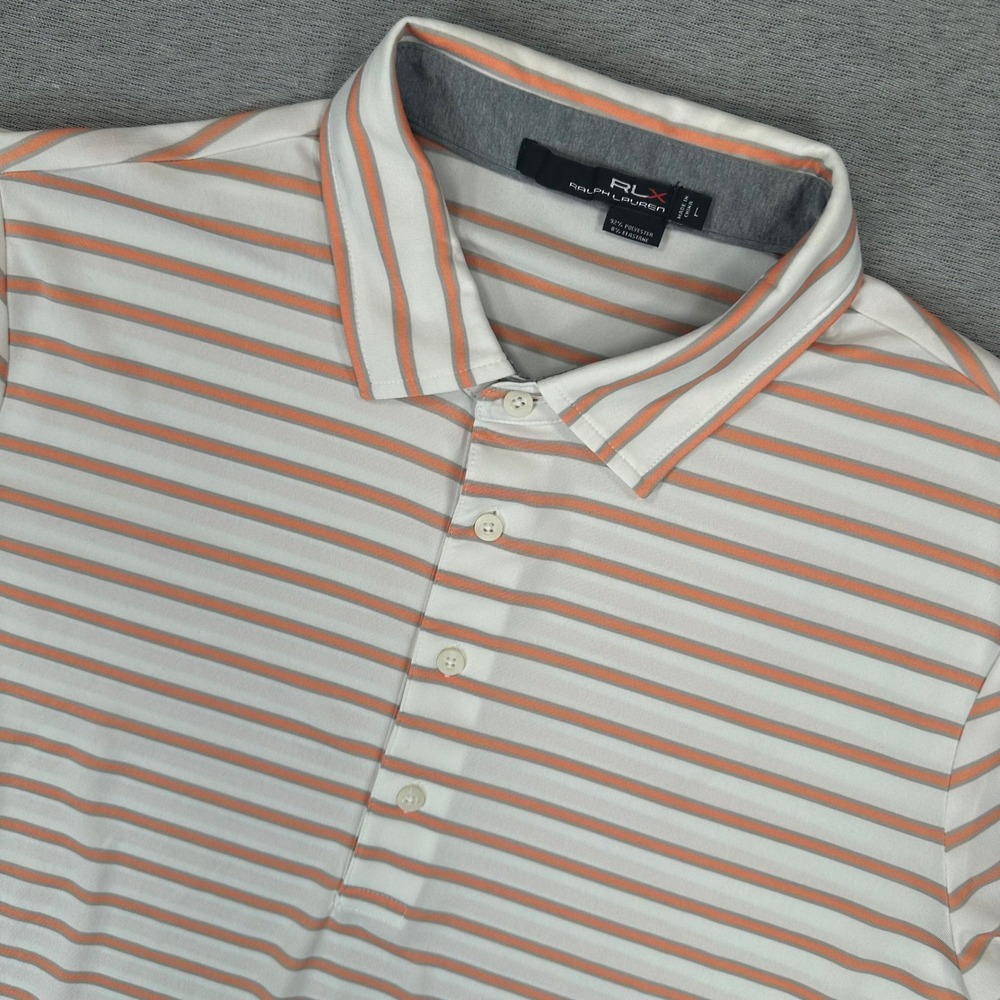 RLX Ralph Lauren Golf Polo Shirt Mens Large Striped White Orange Grey Stretch